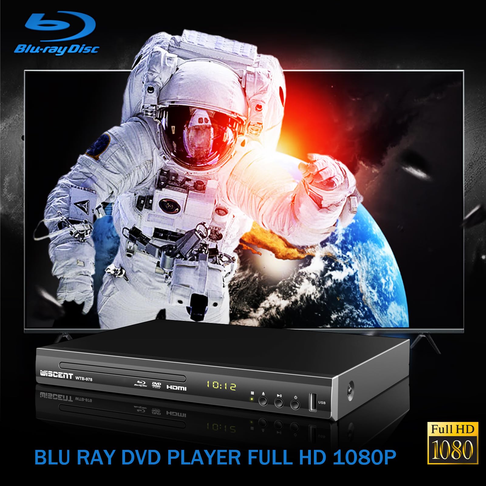 Blu Ray Dvd Player, Wiscent Full Hd 1080P Home Theater Disc System, Region A/1 Blu Rays,Hd Blu Ray Dvd Player For Tv With Coaxial Audio/Hdmi/Av/Output, Usb Input, Built In Pal Ntsc