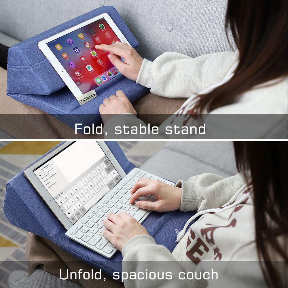 MoKo Tablet Pillow Stand, Soft Bed Pillow Holder, Fits up to 11' Pad, Fit with iPad 10th,iPad Pro 11 2022, New iPad Air 4 10.9/Air 3, iPad Pro 11/10.5/9.7, Mini 5 4, Galaxy Tab S6/ S7 11', Denim Blue