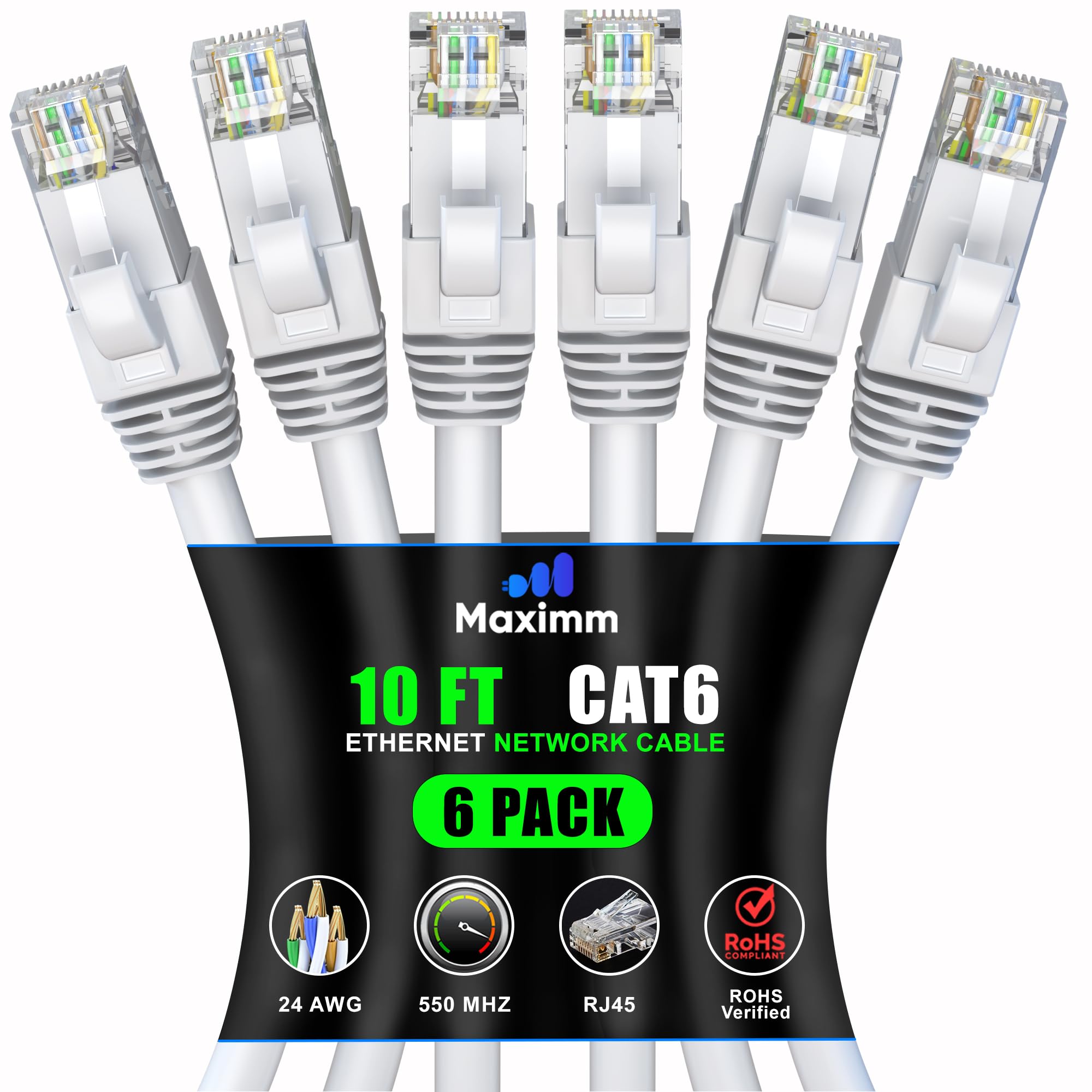 Maximm Cat 6 Ethernet Cable 10 Ft (6 Pack)   High Speed Lan Cable, Internet Cable, Patch Cable, And Network Cable   Utp, 10Gbps, 550Mhz Ethernet Cord   White
