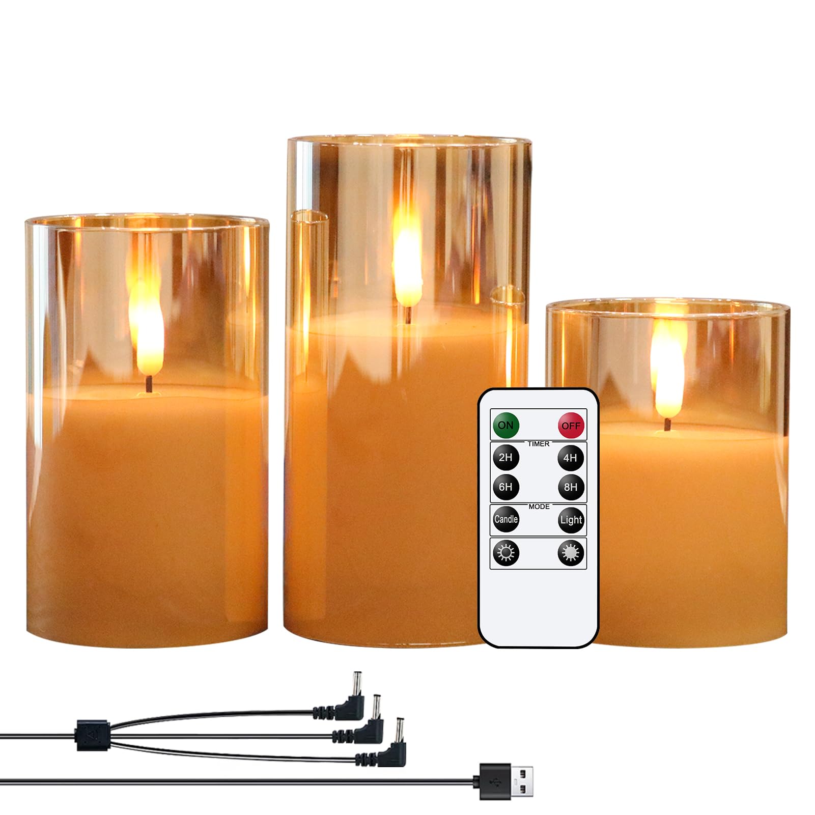 Genswin Rechargeable Led Flameless Flickering Glass Candles With Remote Timer, Battery Operated Pillar Candles Long Lasting Gold