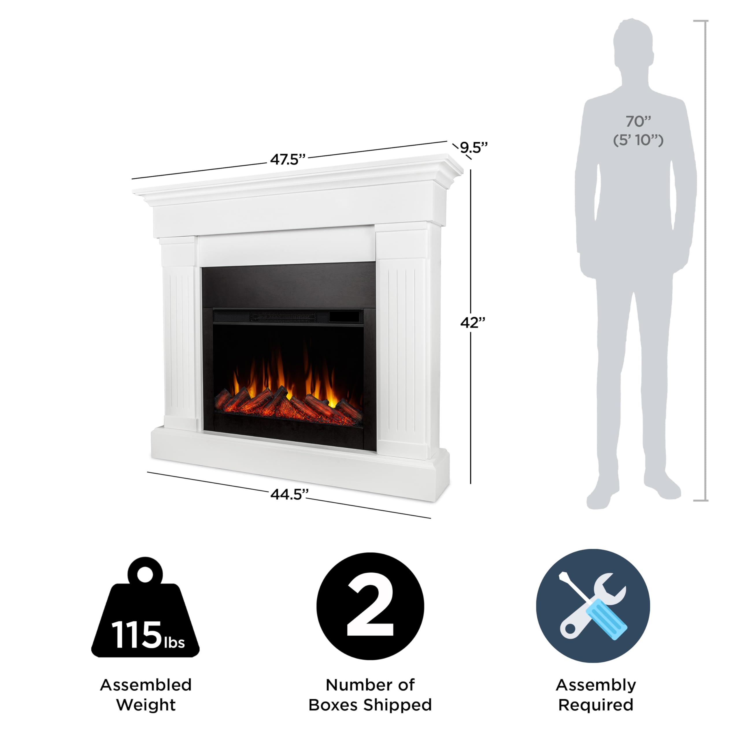 Real Flame Crawford Slim Indoor Electric Fireplace, White, Free Standing With Real Wood Mantel Finish   6 Flame Colors, Adjustab