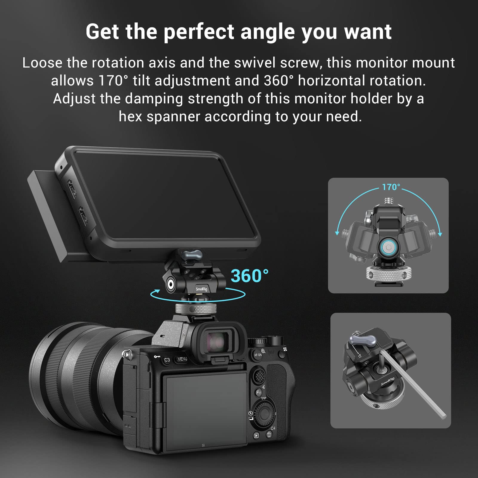 Smallrig Quick Release Camera Monitor Mount With Cold Shoe, Supports Swivel 360 And Tilt 170 Adjustable, Drop-In Hawklock Camera