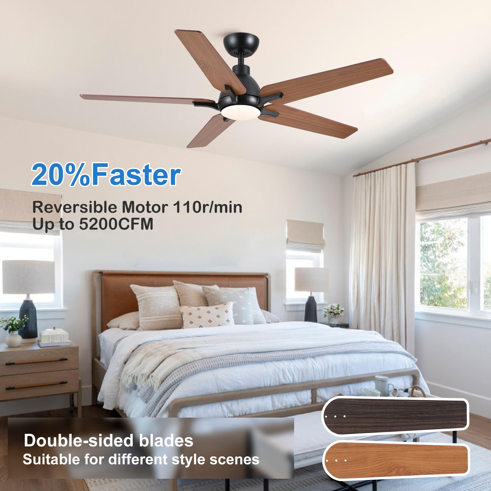 52 Inch Ceiling Fans With Lights And Remote, Black Brown Modern Ceiling Fan For Bedroom, Living Room, Dining Room, Patio, 3Cct D