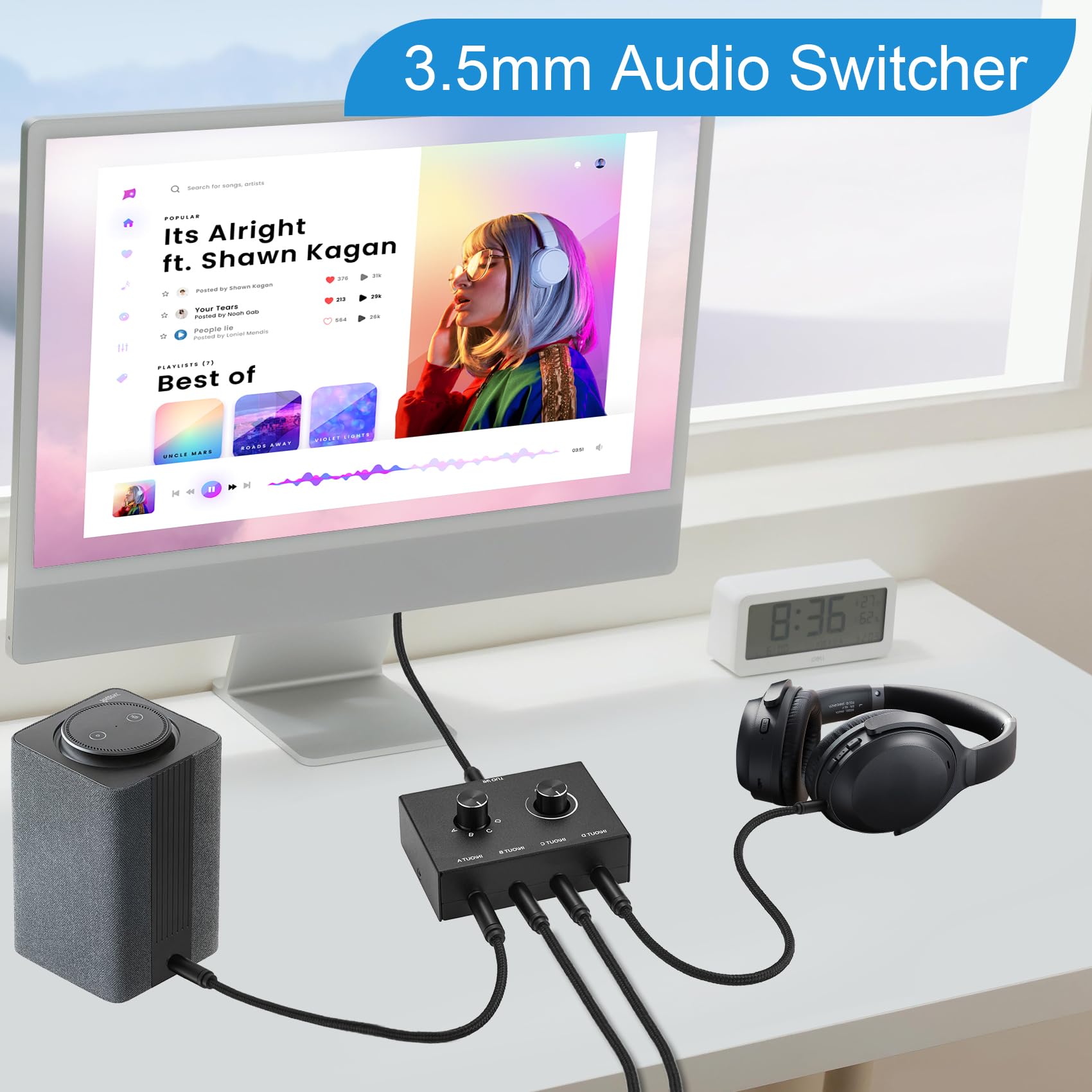 4 Way 3.5Mm Stereo Audio Switch, Aux 3.5Mm Audio Switch Audio Switcher Passive Speaker Headphone Manual Selector Splitter Box Au