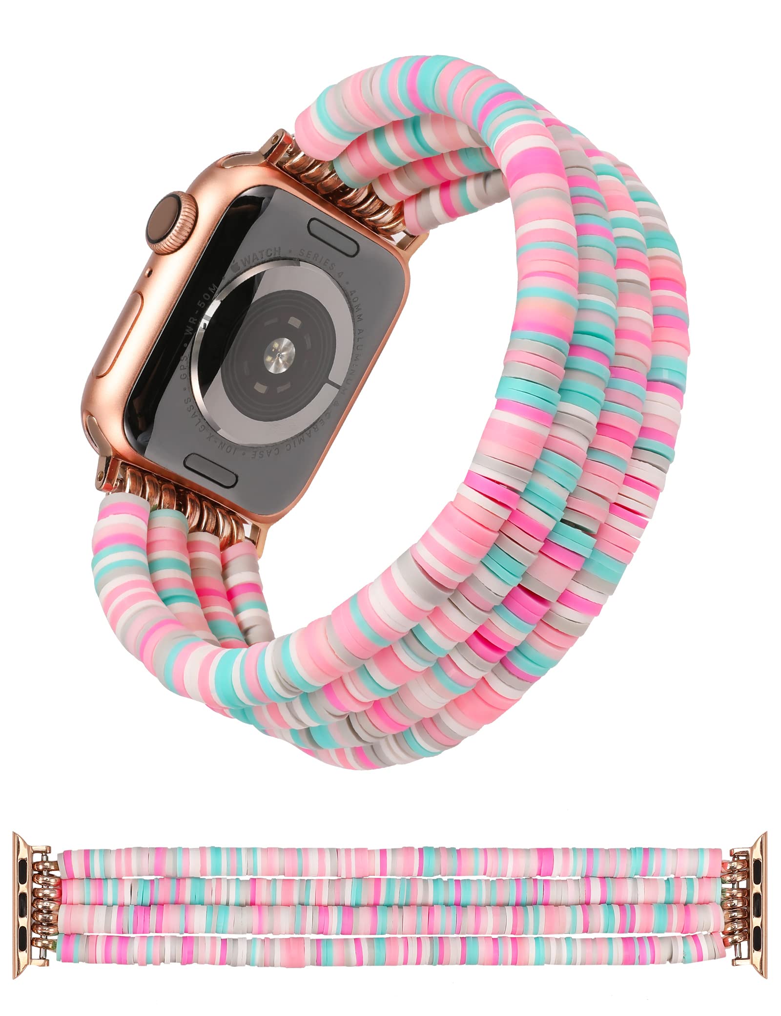 Toyouths Heishi Beaded Bracelet Compatible With Apple Watch Band Cute Stretch Girl Women Summer Beach Surfer Clay Preppy Jewelry