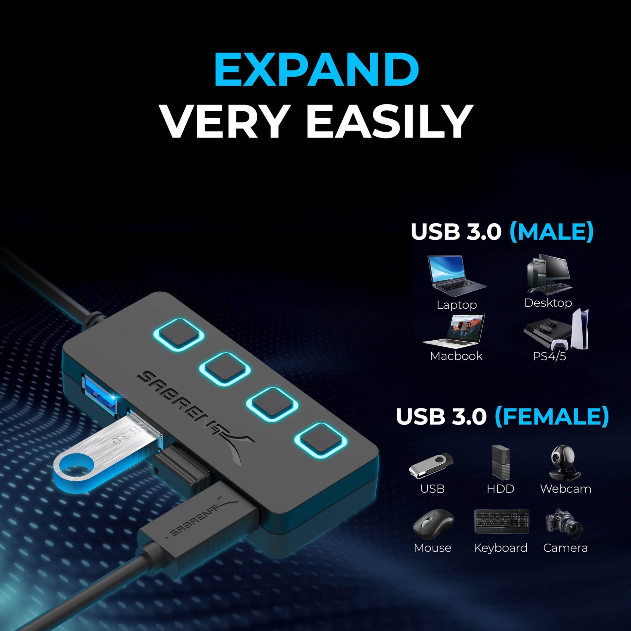 Sabrent 4 Port Usb 3.0 Hub With Individual Led Lit Power Switches, Includes 5V/2.5A Power Adapter (Hb Ump3)