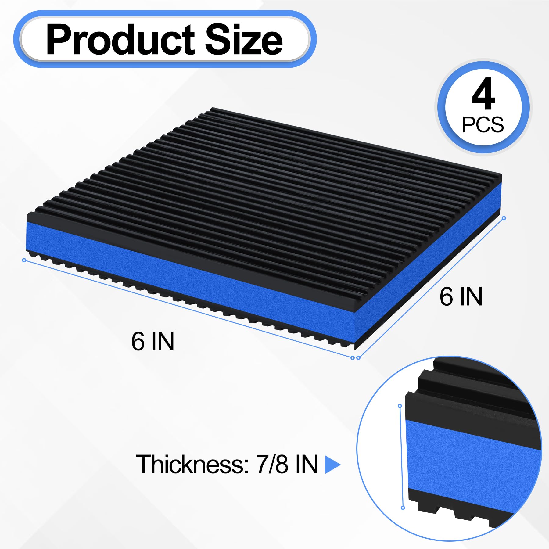 Phepetroll 4P Anti Vibration Pads 6'' X 6'' X 7/8'' Sound Isolation Ribbed Rubber Mats With Eva Center, Heavy Duty Vibration Iso