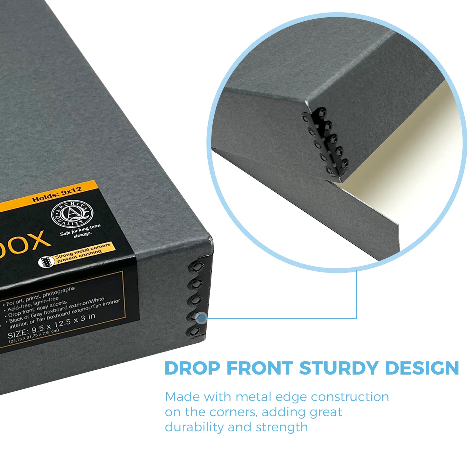 Lineco Museum Archival Storage Box, 9.75X12.75X3 In. Drop Front Design. Acid Free With Metal Edge. Organize Photos, Pictures, Prints, Documents, Crafts, Diy. Gray, 1 Pack