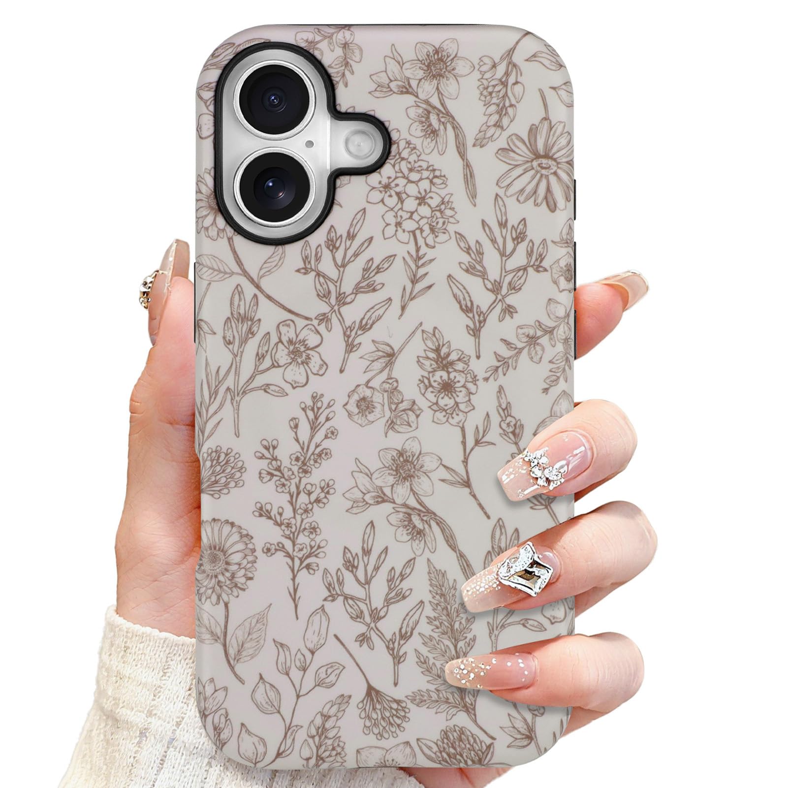 SOKAD Magnetic Sage Floral Phone Case for iPhone 16, Vintage Beige Flower Pattern Compatible with Magsafe Matte Protective Case 