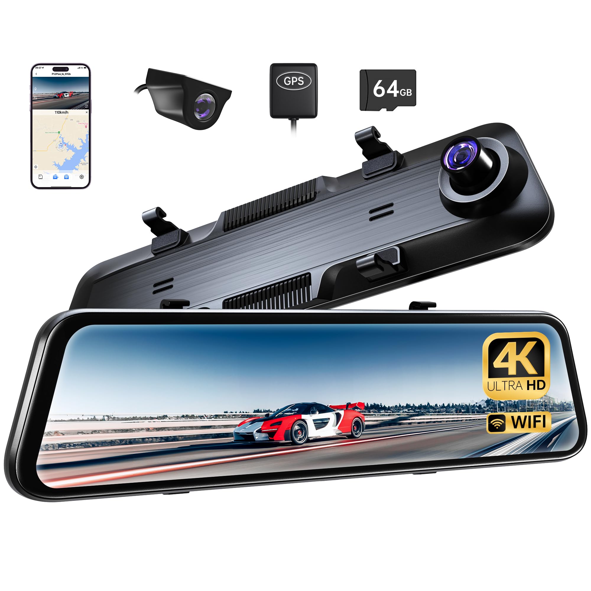 Pelsee P12 Plus 4K Wifi Rear View Mirror Camera, 12'' Mirror Dash Cam Front And Rear, Backup Camera For Car, 64Gb Card & Gps Inc