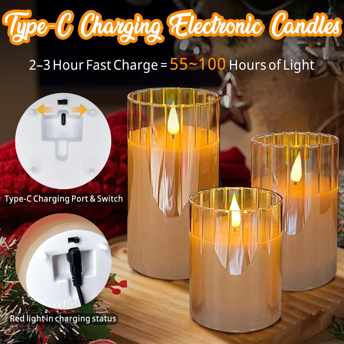 Ledholyt Rechargeable Flameless Candle, Flashing Led Pillar Real Wax Candle With Remote Control And Timer, Gold Stripes Glass El