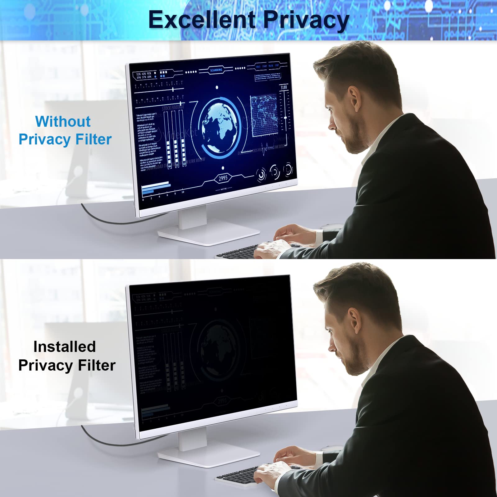 [2 Pack] 23.8 Inch Computer Privacy Screen Filter For 16:9 Widescreen Monitor, Removable Eye Protection Anti Glare Blue Light Fi