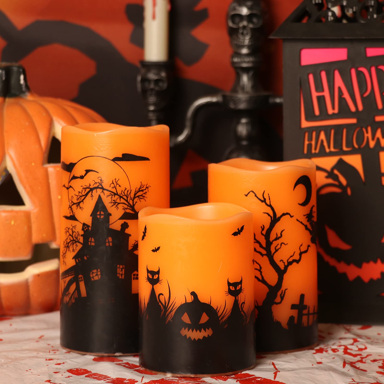 Wondise Halloween Flickering Flameless Candles With 6 Hour Timer, Battery Operated Led Real Wax Candles Set Of 3 Halloween Home