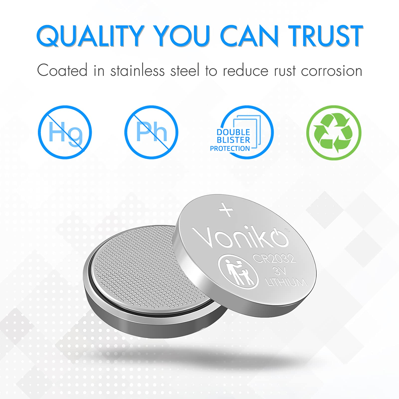 Voniko 3 Volt Cr2032 Battery 6 Pack - Lithium Batteries - 2032 Button Battery Flat - 7 Years Shelf Life