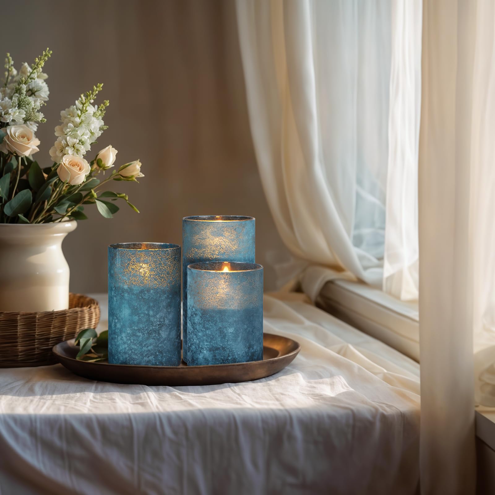 Mingfuxin Blue Flameless Candles With Remote   Battery Operated Candle With Timer, Led Indoor Pillar Candles For Home, Christmas