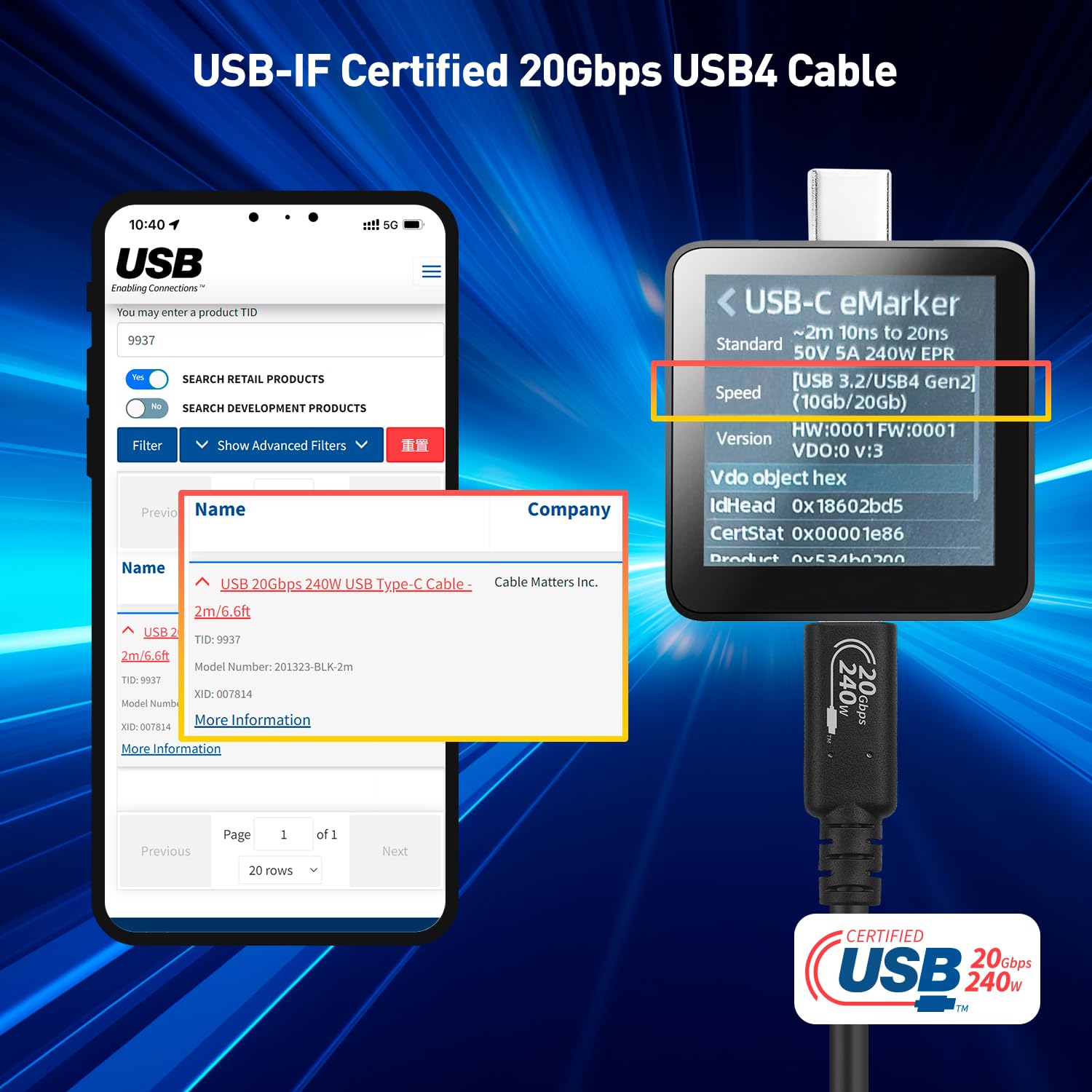 Cable Matters [USB IF Certified] 20Gbps Long USB4 Cable/USB 4 Cable 6.6ft, Supports Up to [8K@30Hz / 4K@120Hz Video, 240W Charging, 20Gbps Data Transfer] Compatible with Thunderbolt 4 Cable, MacBook