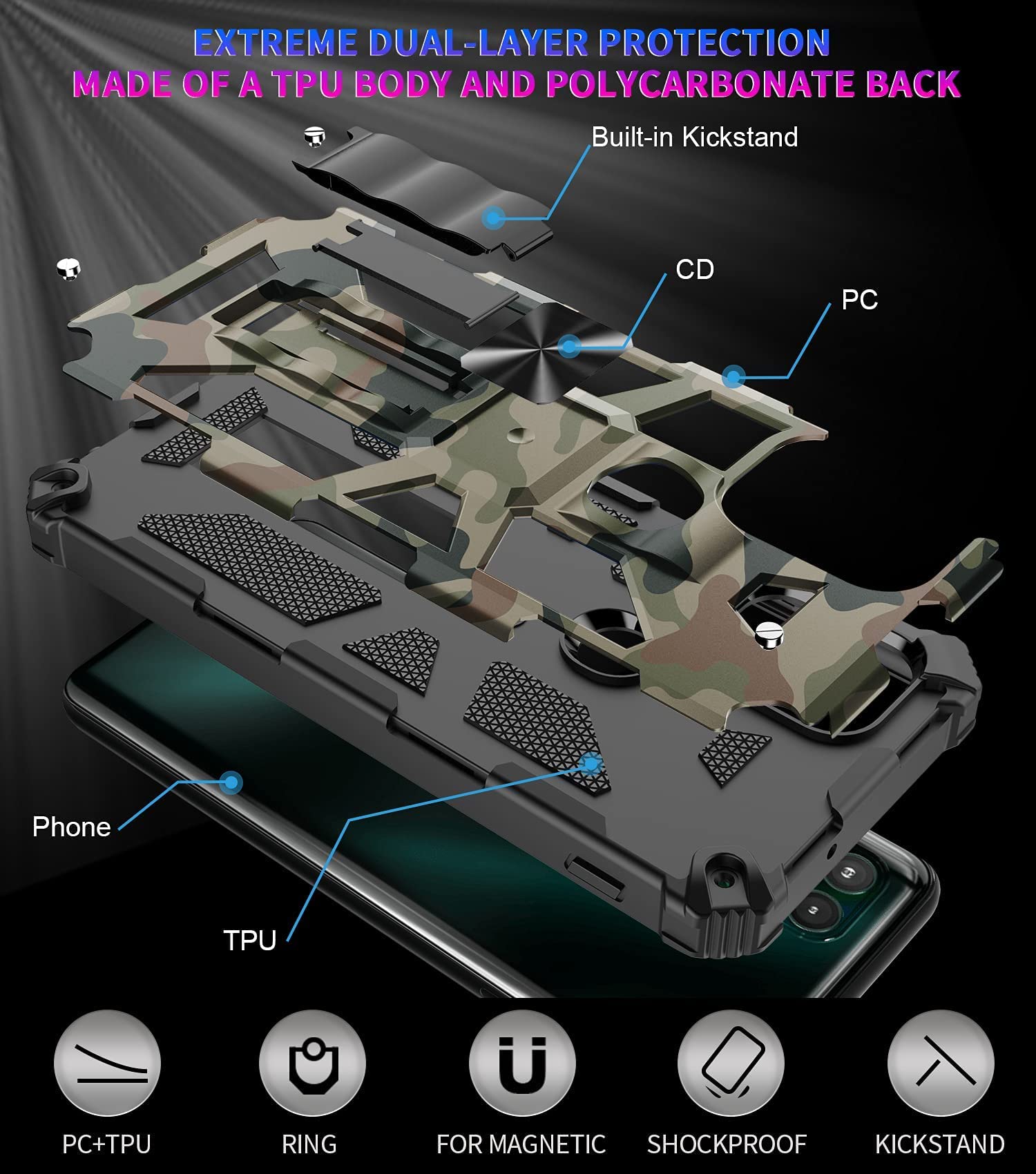 Shockproof Camouflage Military Grade Drop Tested Phone Case With Built In Kickstand With Screen Protector Holster Belt Clip Fits