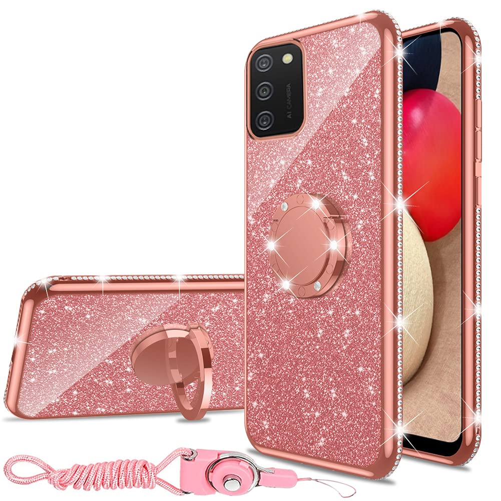 Nancheng For Galaxy A02S Phone Case, Samsung A02S Phone Cases Cute Girls Women Glitter Pink Cover With Ring Kickstand Lanyard Sh