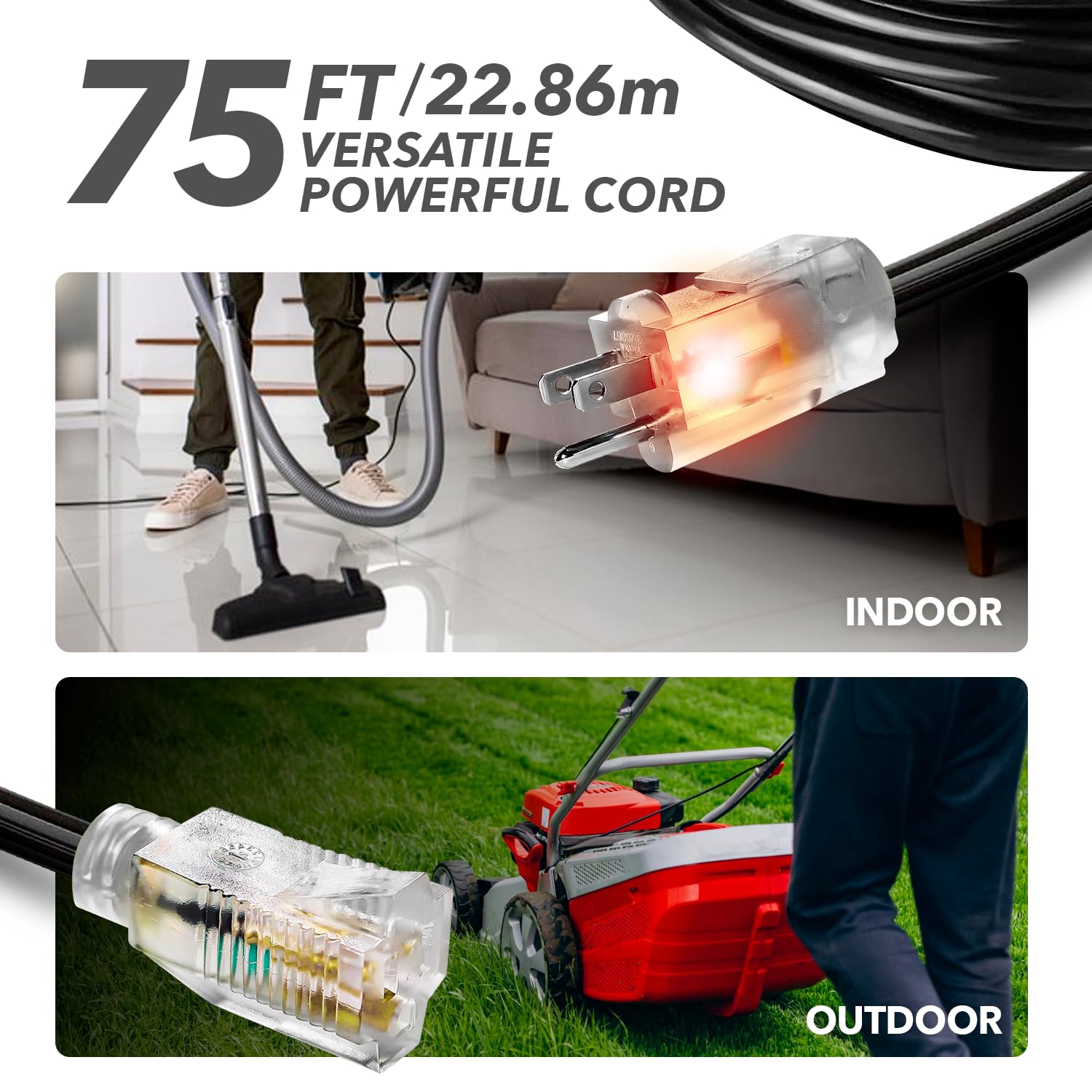75 Ft Power Extension Cord, Indoor Outdoor, Heavy Duty, 3 Prong Sjtw, 10 Gauge,Lighted End, Extra Durability, 15 Amp 125 Volts 1