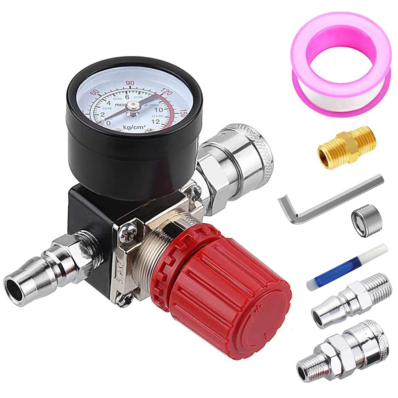 Preciva Air Compressor Pressure Regulator With Dial Gauge, 0 175 Psi Air Gauge For Air Compressor And Air Tools (Four Way Valve)
