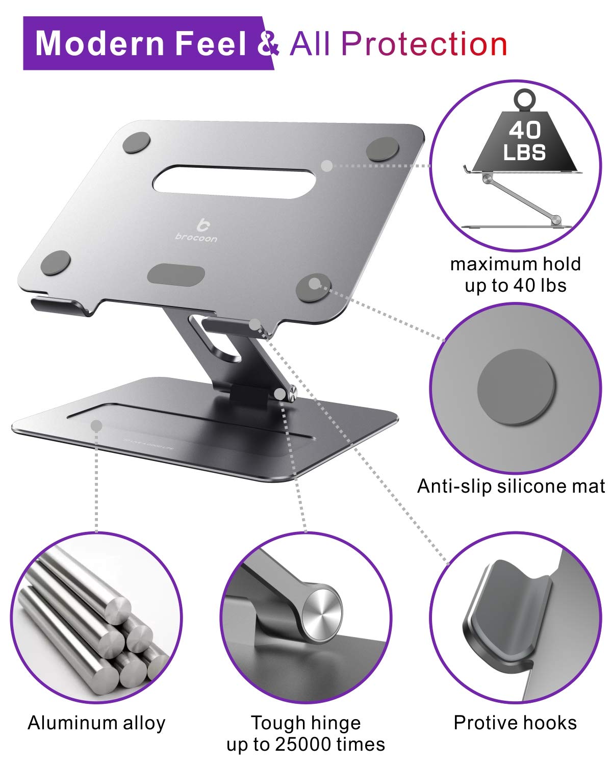 Brocoon Adjustable Macbook Stand For Desk, Ergonomic Aluminum Laptop Riser With Heat Vent, Compatible For 10 17'' Laptops