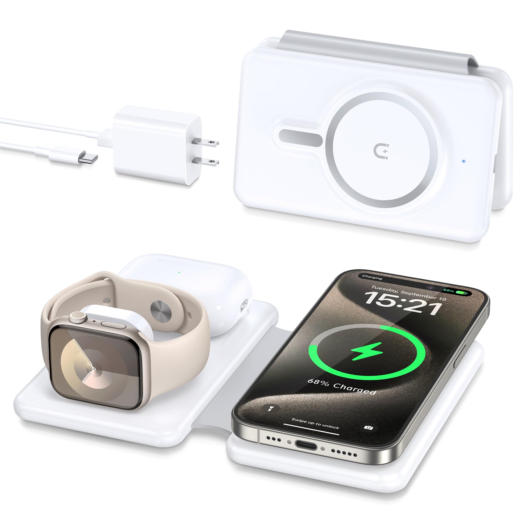 Magnetic Wireless Charger for iPhone: 3 in 1 Travel Charging Station for Apple Devices for iPhone 15 14 13 12 Pro Max Plus - Fol