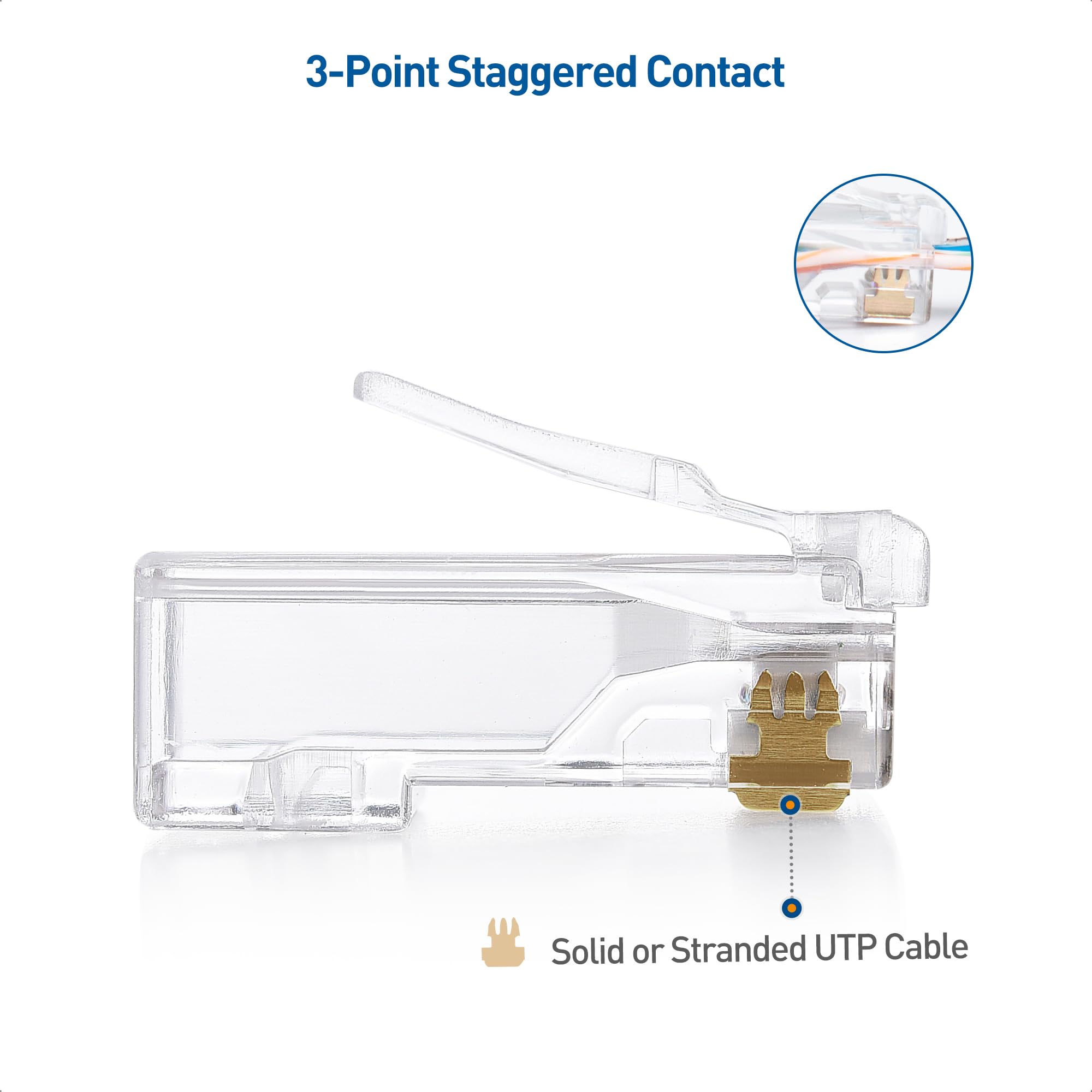 Cable Matters Cat 6 Pass Through RJ45 Connectors, 200-Pack, Transparent, Gold, Model 180097x200 for Solid or Stranded UTP Ethernet Cable