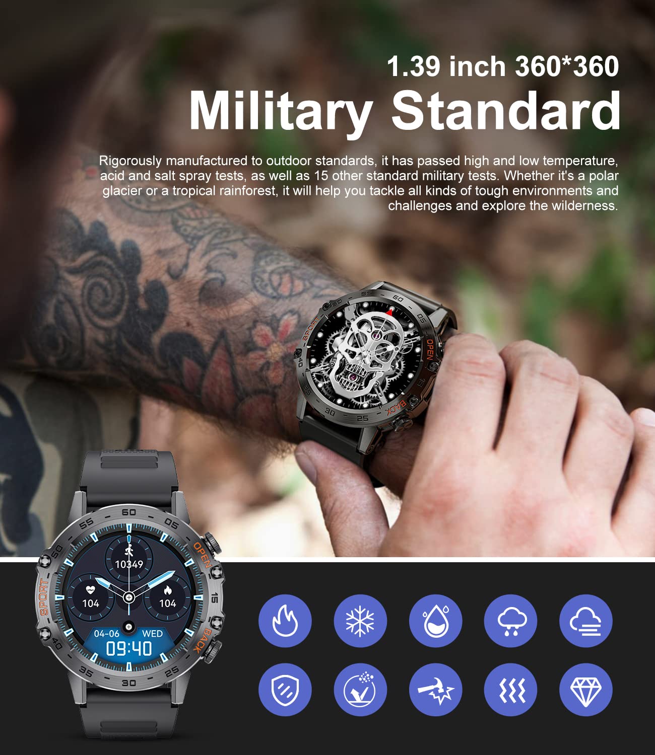 Military Smart Watch For Men Bluetooth Calls With,1.39 ' 'Hd Touch Screen Tactical Smartwatch For Android And Iphone,5Atm Waterp
