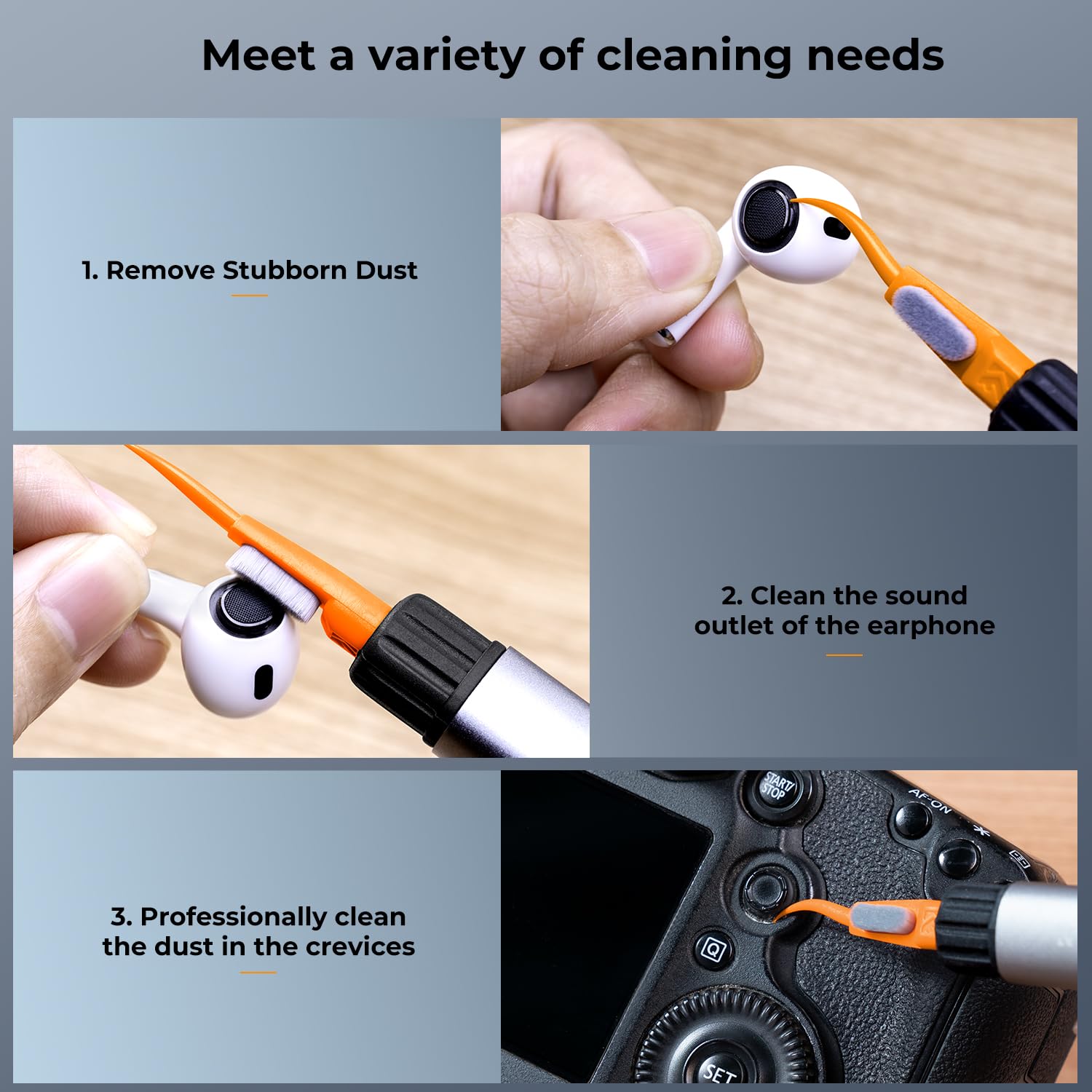 K&F Concept Multifunctional Lens Cleaning Kit, Aluminium Alloy Lens Cleaning Pen*1 + Airpods Stripper*3 + Flocking Sponge*3 For