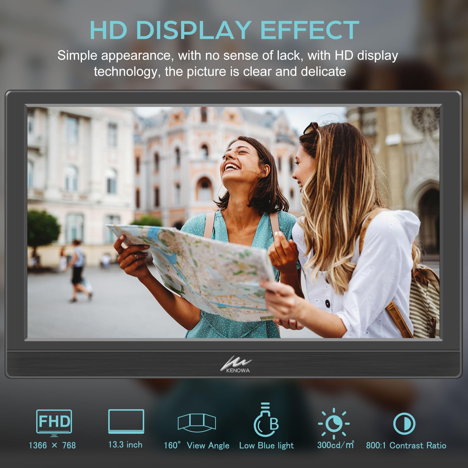 Kenowa Portable Monitor 13.3 Inch Hd 1366X768P Led Screen Small Hdmi Monitor Built In Speaker And Adjustable Stand Hdmi Vga Port