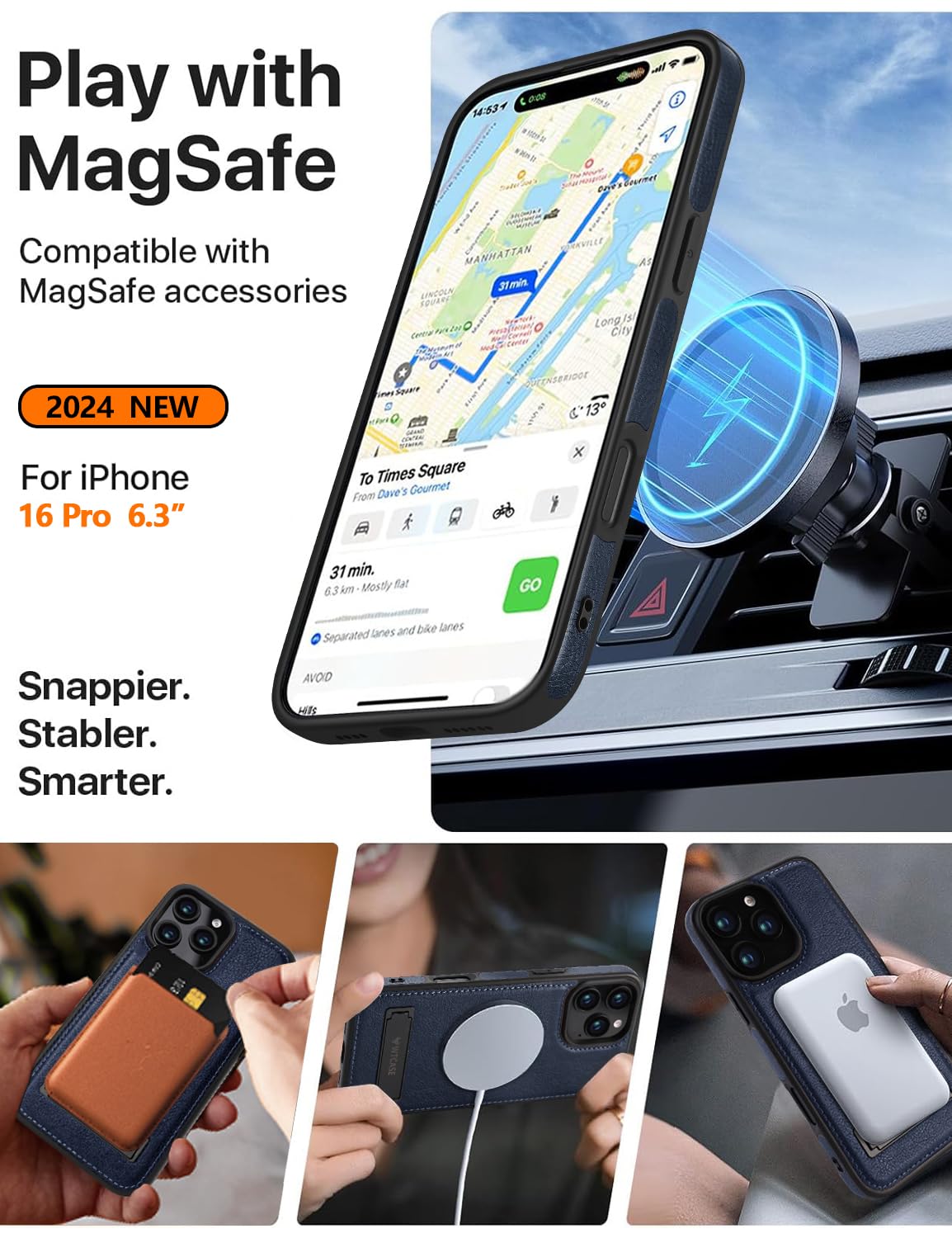 Wtcase Magnetic For Iphone 16 Pro Leather Case,Built In Invisible Stand [Compatible With Magsafe] Protective Slim Kickstand Phon