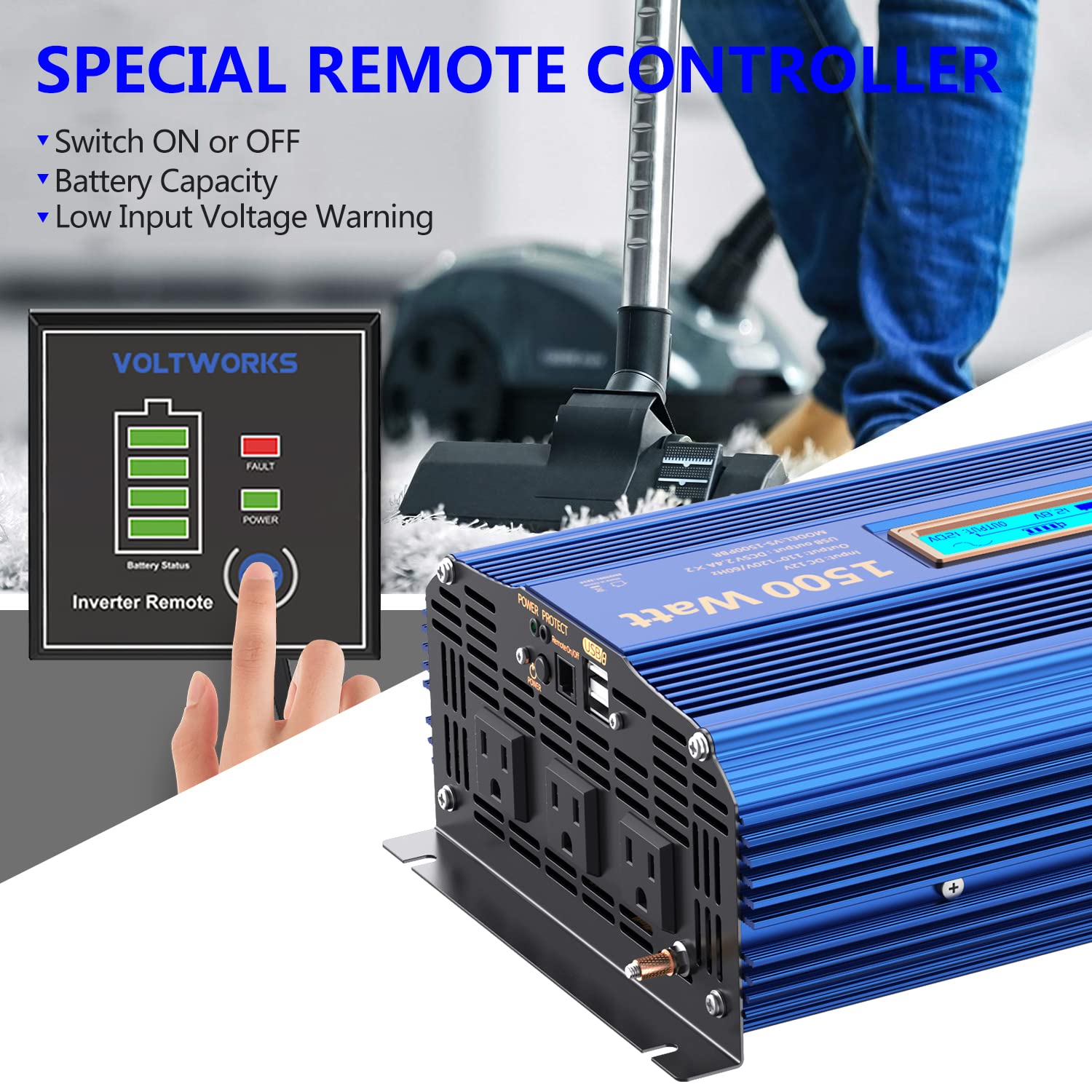 1500W Pure Sine Wave Power Inverter Dc 12V To Ac 110V 120V With Remote Control Lcd Display And 2X2.4A Dual Usb Ports 3 Ac Outlet