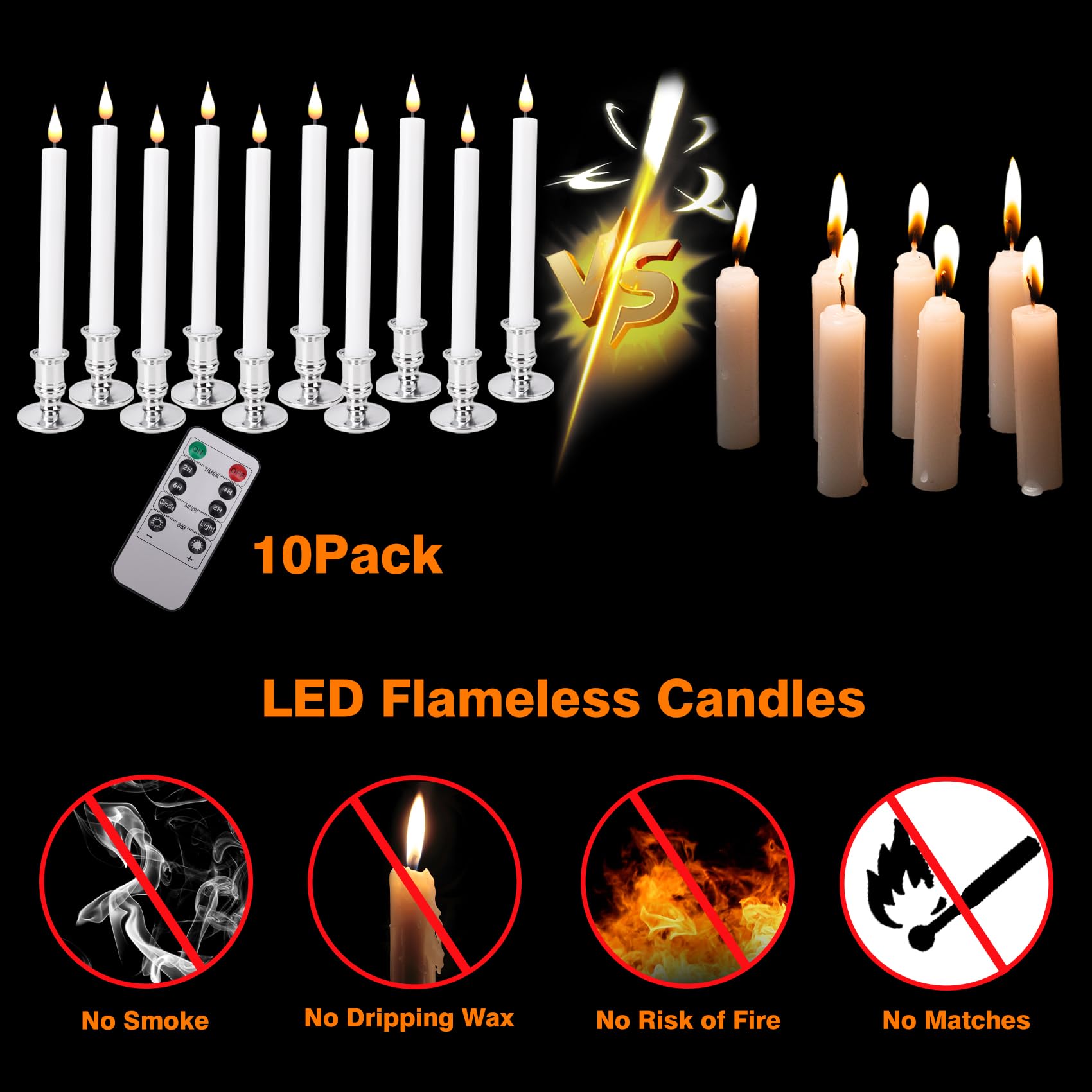 Poqcct Led Flameless Window Candles With Remote Timer 10 Pcs Battery Operated Flickering Taper Candle Lights With Removable Gold