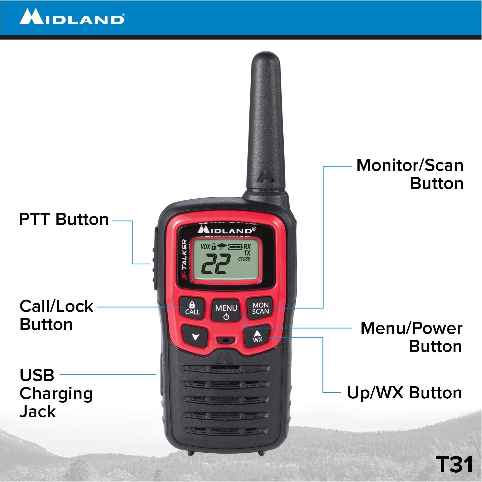 Midland T31Vp 22 Channel Frs Walkie Talkie   Up To 26 Mile Range Two Way Radio   Red/Black (Pack Of 4)