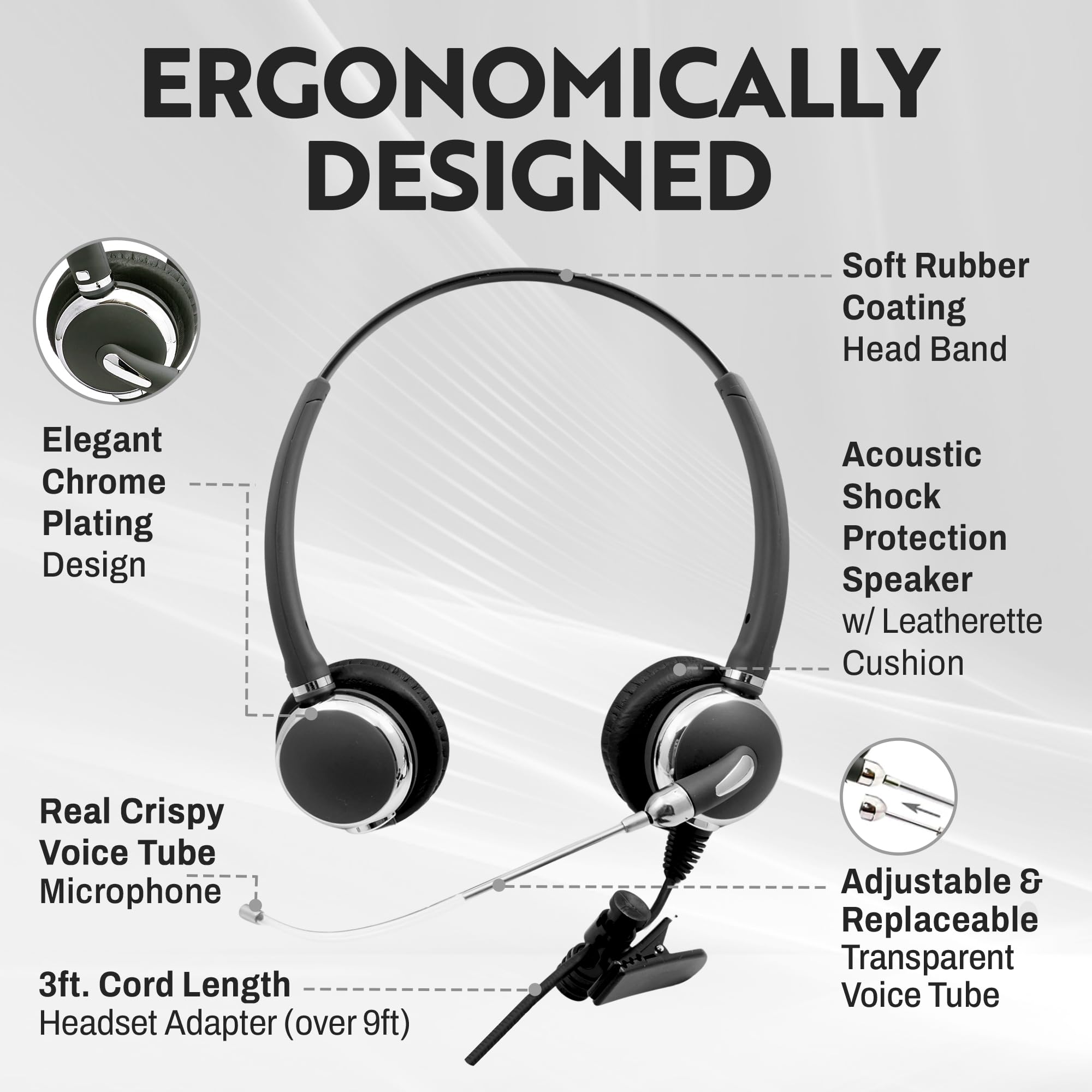 Innotalk   Rj9 Headset, Pro Voice Tube Binaural Office Phone Headset & Qd Pigtail Adapter, Call Center Phone Durable Headset For