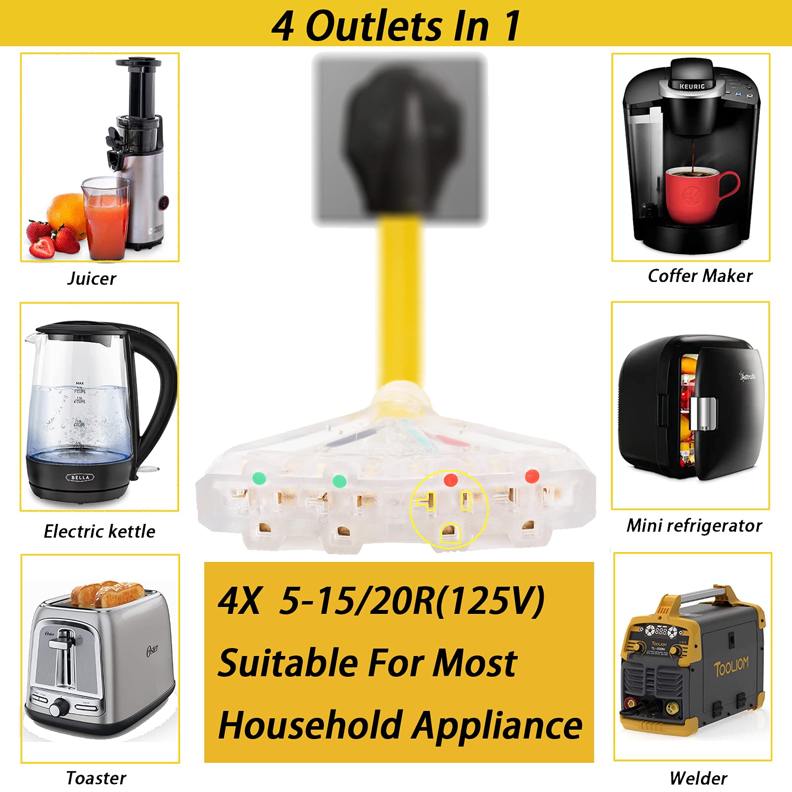 50 Amp To 110V 20 Amp Rv Adapter Cord, 4 Prong Nema 14 50P Male Plug To 4X 5 20R Household Outlet Female Connectors Adapter Cord