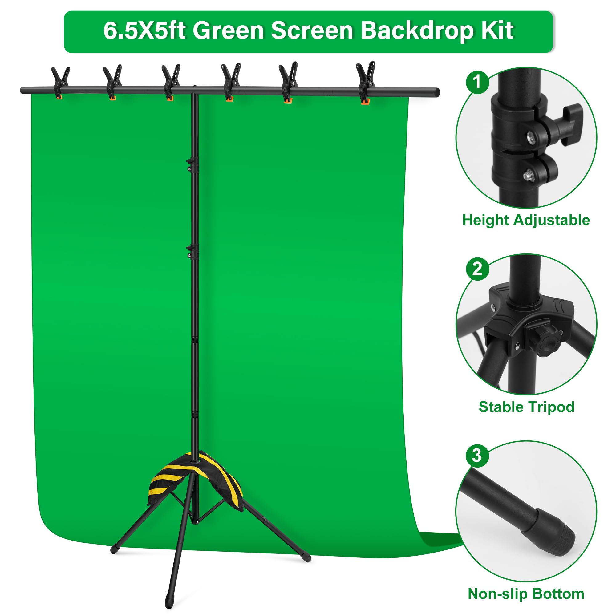 Green Screen Backdrop Kit 6.5X5Ft,Portable Greenscreen Background With Stand,Adjustable T Shape Photo Backdrop Stand For Photogr