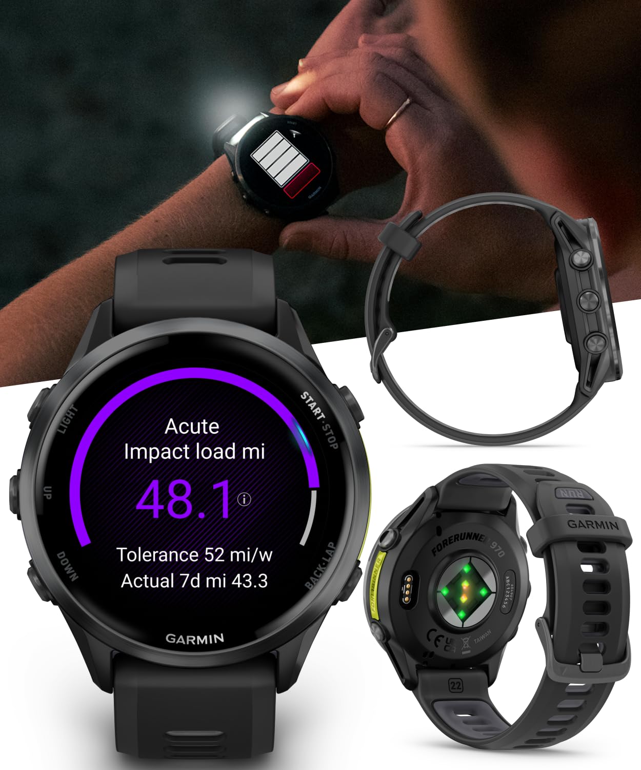 Wearable4U Garmin Forerunner 970 Carbon Gray Dlc Titanium Smartwatch With Black Case And Black/Translucent Whitestone Band, Amol