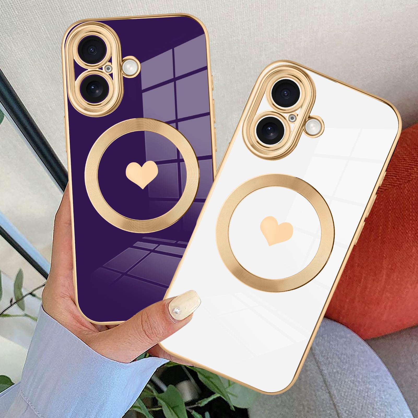 Tharlet Magnetic For Iphone 16 Case [Compatible With Magsafe] Cute Love Luxury Plating Edge Bumper Case With Full Camera Lens Ca