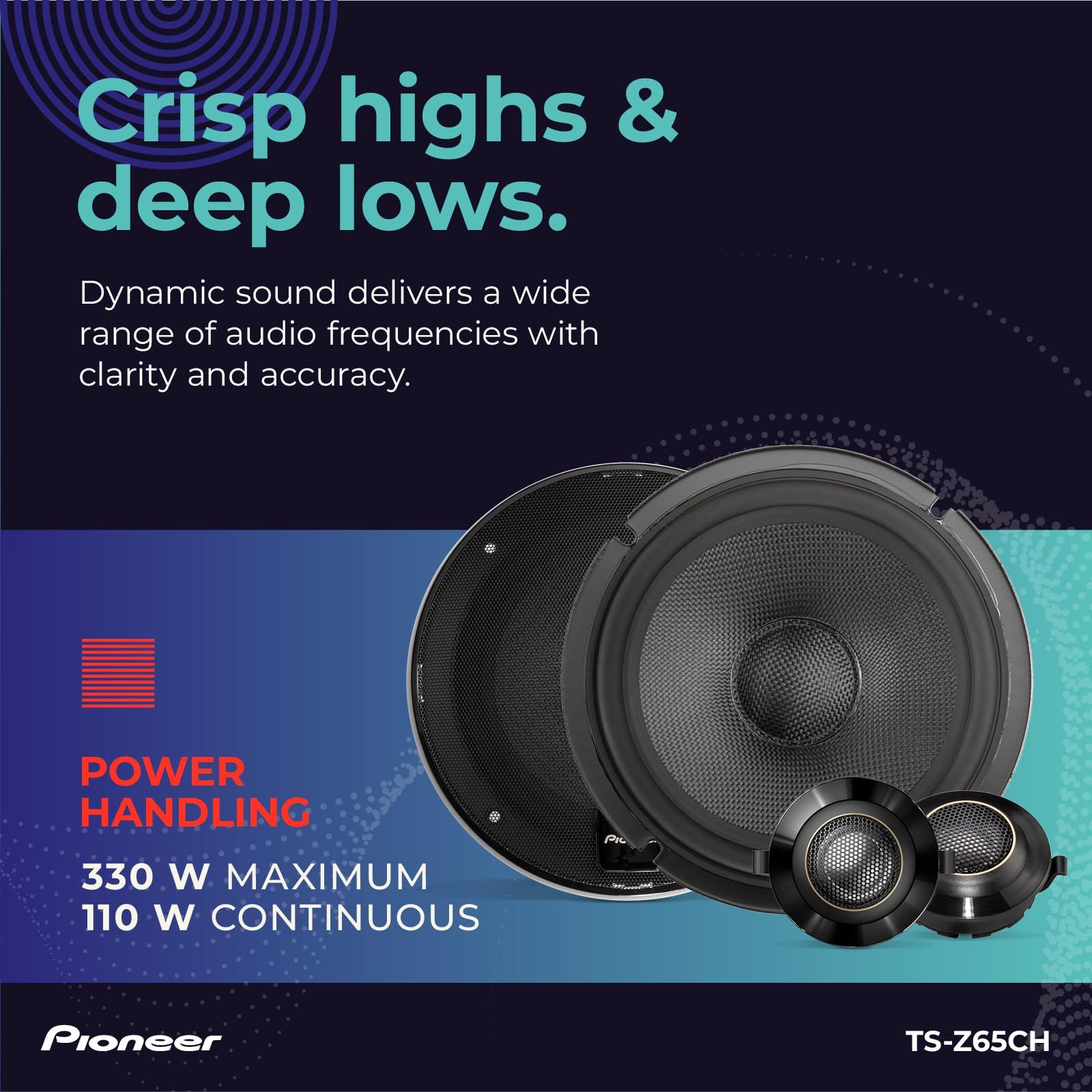 Pioneer Ts-Z65Ch, 2-Way Component Car Audio Speakers, Full Range, Open & Smooth Sound Quality, Easy Installation And Enhanced Ba