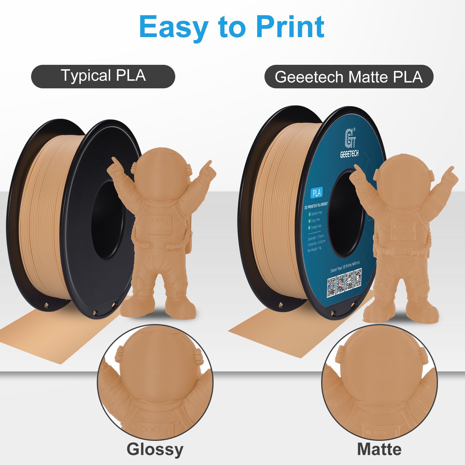 Geeetech Matte Pla Filament 1.75Mm, Skin Color Pla Matte 3D Printer Filament 1Kg Spool (2.2Lbs), Dimensional Accuracy +/- 0.02 M