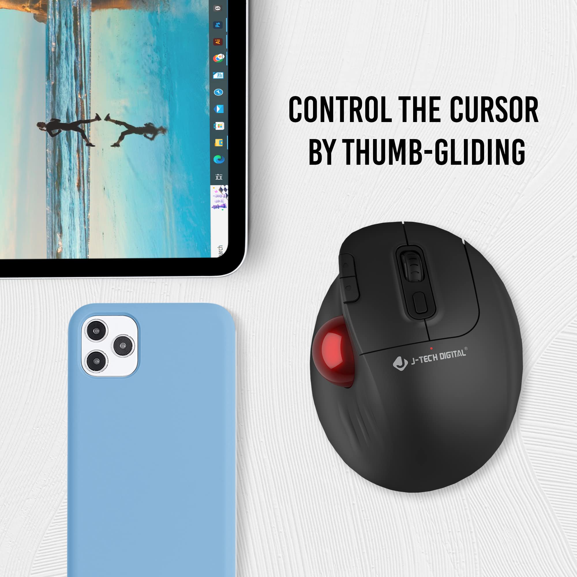 J Tech Digital Wireless Trackball Ergonomic Mouse W/Free & Easy Thumb Control | Dpi Adjustment, Precision Tracking, Multi System