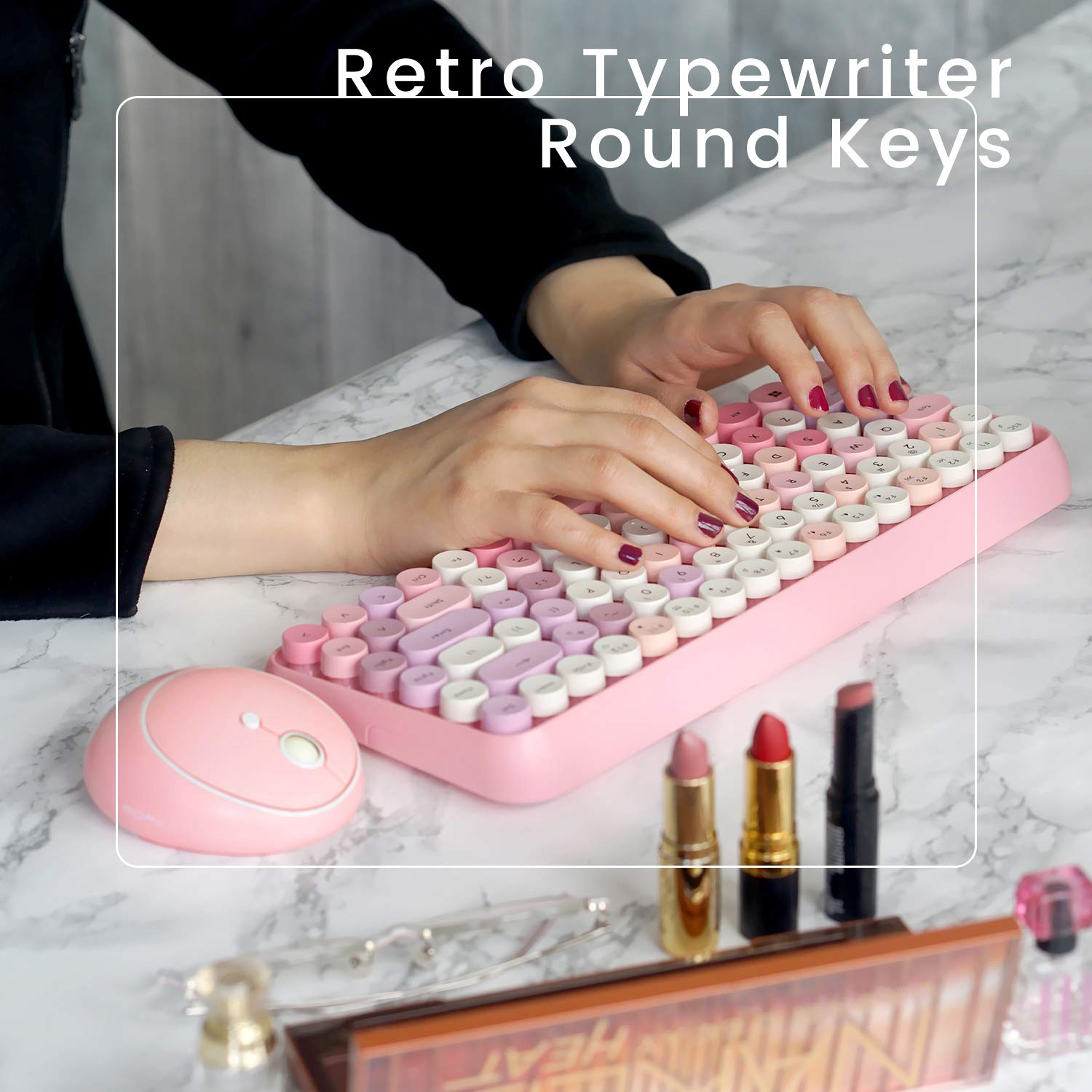 Perixx Periduo 713 Wireless Mini Keyboard And Mouse Combo, Retro Round Key Caps, Pastel Pink, Us English Layout