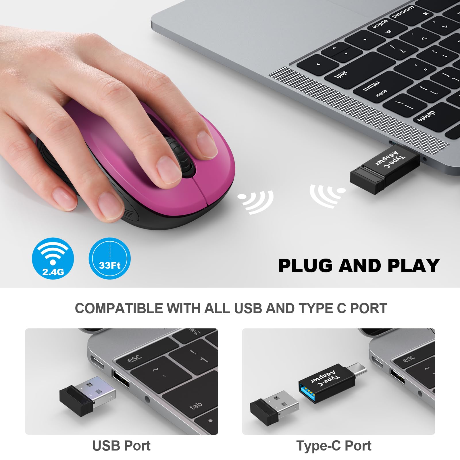 Wisfox 2.4G Wireless Mouse For Laptop, Ergonomic Computer Mouse With Usb Receiver And Type C Adapter, 3 Adjustable Levels, 6 Button Cordless Wireless Mice For Windows Mac Pc Notebook (Fuchsia)