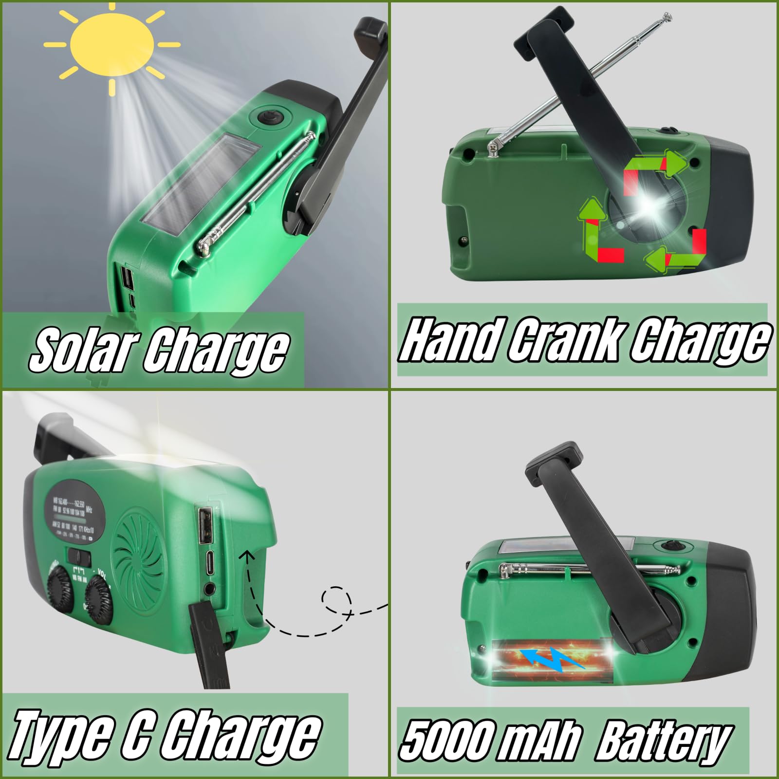 5000Mah Hand Crank Emergency Weather Radio, Am Fm Noaa Solar Radio With Led Flashlight And Earphone Jack, Charger For Smartphone
