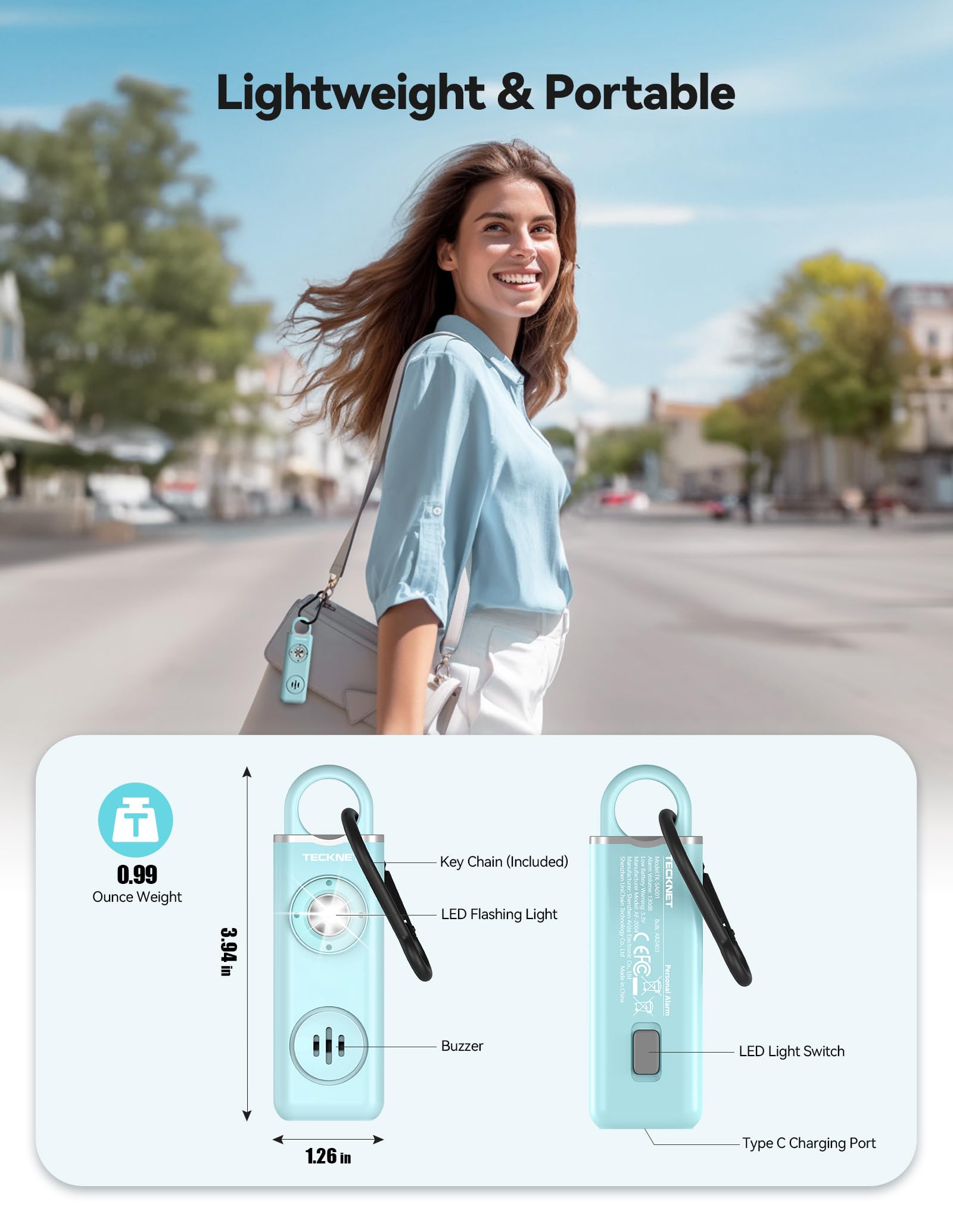 Tecknet Rechargeable Personal Safety Alarm For Women, 130Db Self Defense Keychain Alarm With Sos Strobe Light, Low Battery Notic