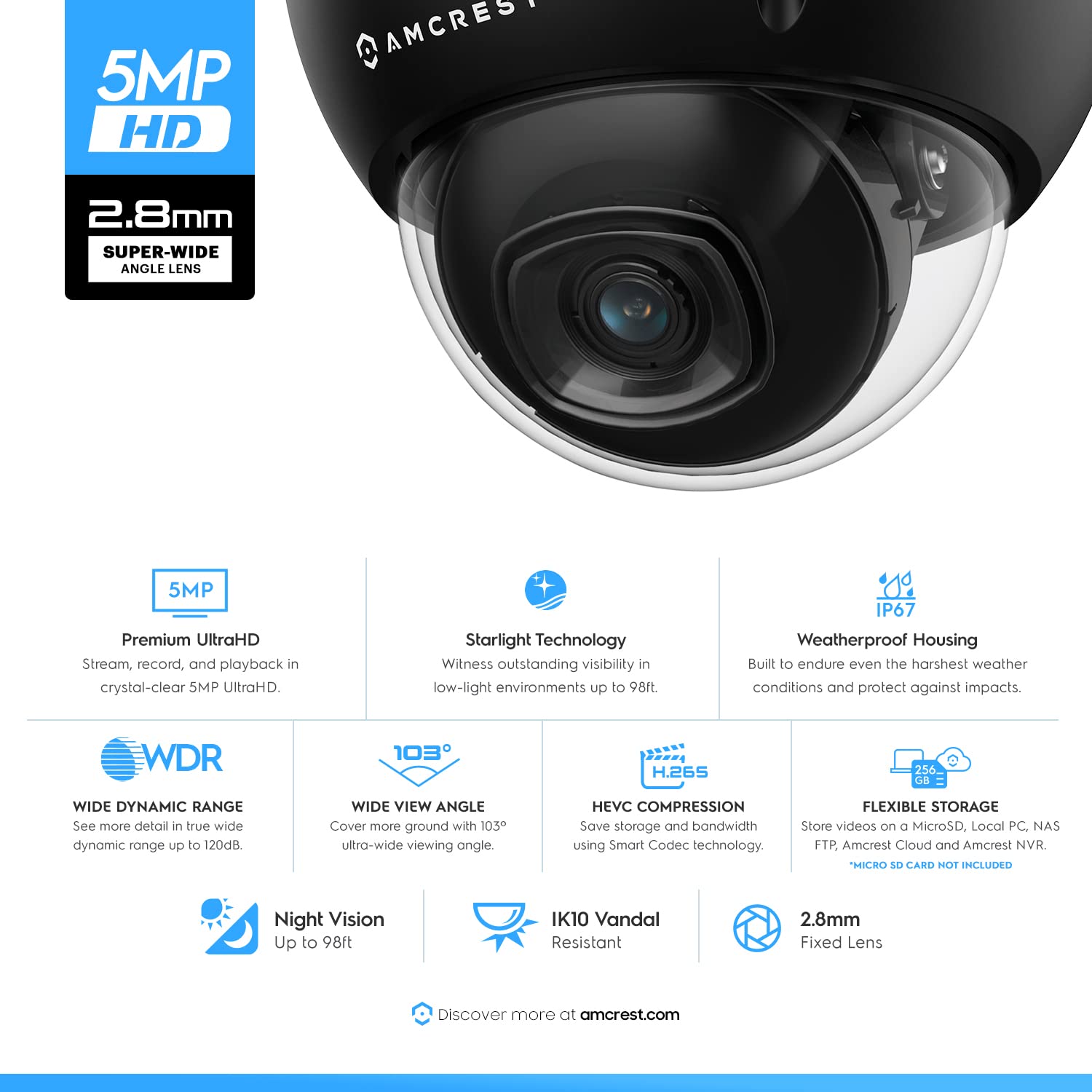 Amcrest 5Mp Poe Camera, Outdoor Vandal Dome Security Poe Ip Camera, 5 Megapixel, 98Ft Nightvision, 2.8Mm Lens, Ip67, Ik10 Resist