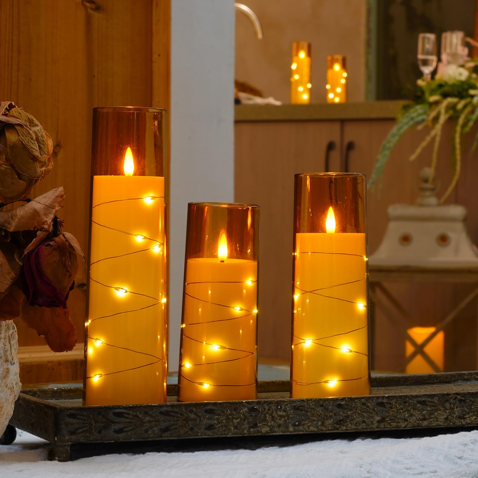 Raycare Flameless Led Candles With Embedded Star String, 5 Pcs Battery Operated Acrylic Pillar Candles With Timer And Remote, Fl