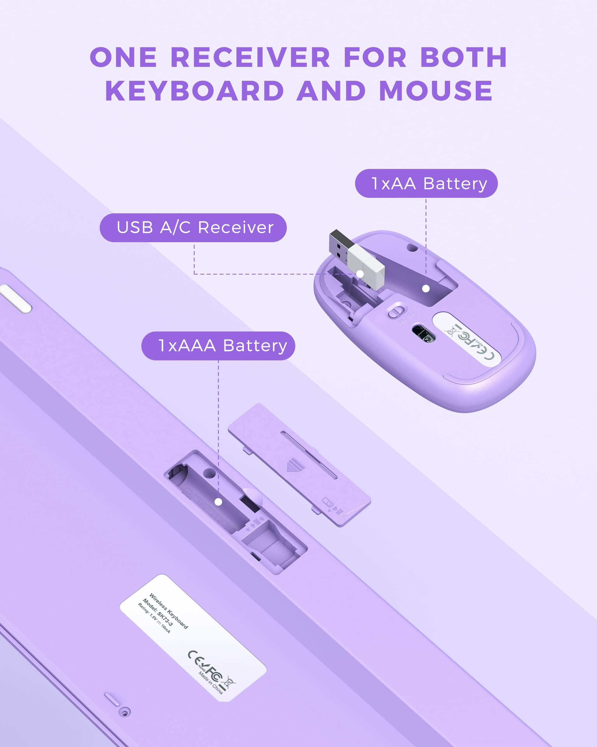 Peious Wireless Keyboard And Mouse Combo, Cute Purple Keyboard & Mouse With Usb And Type C Receiver, Full Size Wireless Mouse An