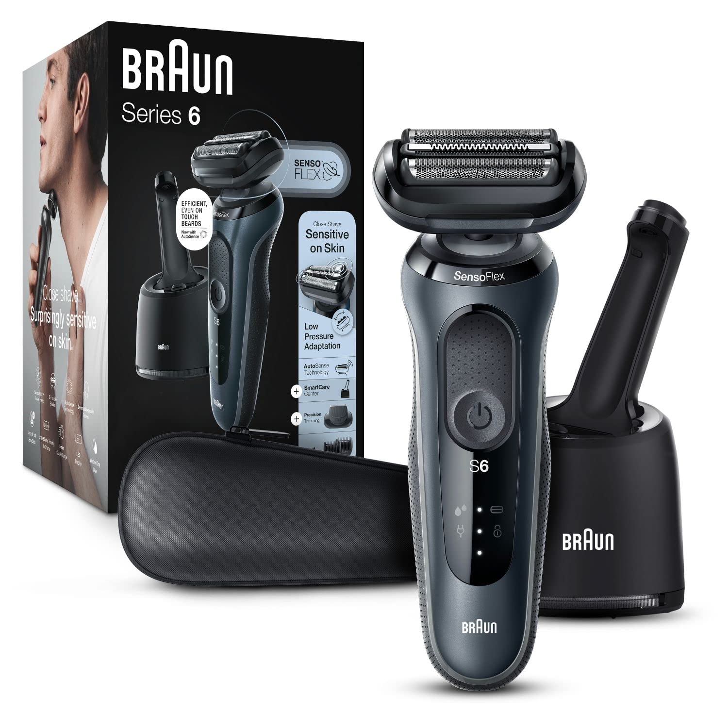 Braun Electric Shaver For Sensitive Skin, Wet & Dry Shave, Series 6 6075Cc, With Beard Trimmer, Clean & Charge Smartcare Center,